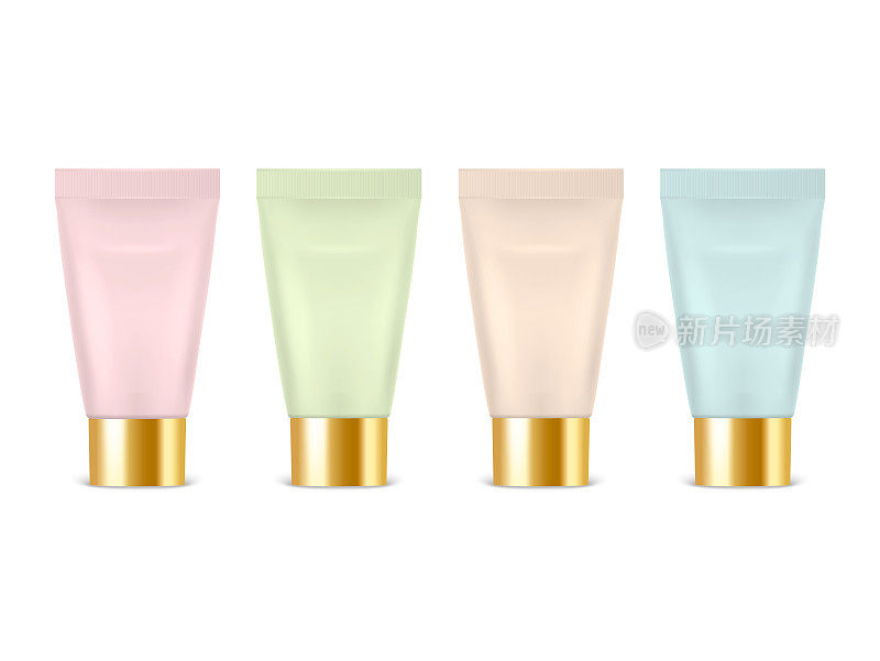 Vector 3d Realistic Plastic, Metal Pink, Green, Beige, Blue Tooth Paste, Cream Tube, Packing Set Isolated. Design Template of Toothpaste, Cosmetics, Cream, Tooth Paste for Mockup. Front View
